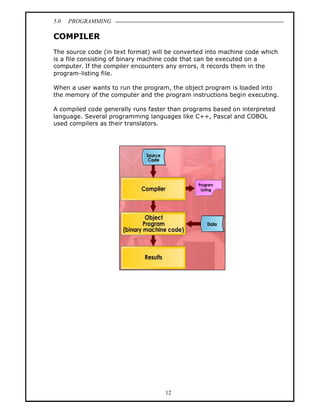 5.0   PROGRAMMING

COMPILER
The source code (in text format) will be converted into machine code which
is a file consisting of binary machine code that can be executed on a
computer. If the compiler encounters any errors, it records them in the
program-listing file.

When a user wants to run the program, the object program is loaded into
the memory of the computer and the program instructions begin executing.

A compiled code generally runs faster than programs based on interpreted
language. Several programming languages like C++, Pascal and COBOL
used compilers as their translators.




                                    12
 