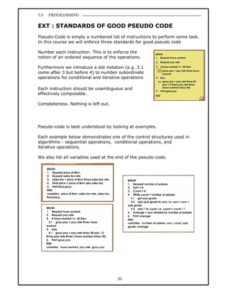 5.0   PROGRAMMING

EXT : STANDARDS OF GOOD PSEUDO CODE
Pseudo-Code is simply a numbered list of instructions to perform some task.
In this course we will enforce three standards for good pseudo code

Number each instruction. This is to enforce the
notion of an ordered sequence of the operations.

Furthermore we introduce a dot notation (e.g. 3.1
come after 3 but before 4) to number subordinate
operations for conditional and iterative operations

Each instruction should be unambiguous and
effectively computable.

Completeness. Nothing is left out.




Pseudo-code is best understood by looking at examples.

Each example below demonstrates one of the control structures used in
algorithms : sequential operations, conditional operations, and
iterative operations.

We also list all variables used at the end of the pseudo-code.




                                      30
 