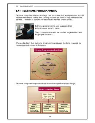 5.0   PROGRAMMING

EXT : EXTREME PROGRAMMING
Extreme programming is a strategy that proposes that a programmer should
immediately begin coding and testing solution as soon as requirements are
defined. The code is continually tested and refined until it works.


                    Extreme programming also suggests that
                    programmers work in pairs.

                    They communicate with each other to generate ideas
                    for proper solutions.



IT experts claim that extreme programming reduces the time required for
the program development phases.




Extreme programming most often is used in object-oriented design.




                                    48
 