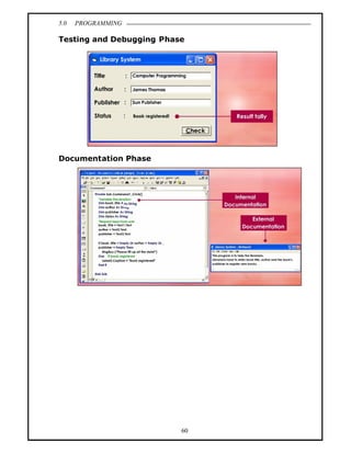 5.0   PROGRAMMING

Testing and Debugging Phase




Documentation Phase




                          60
 