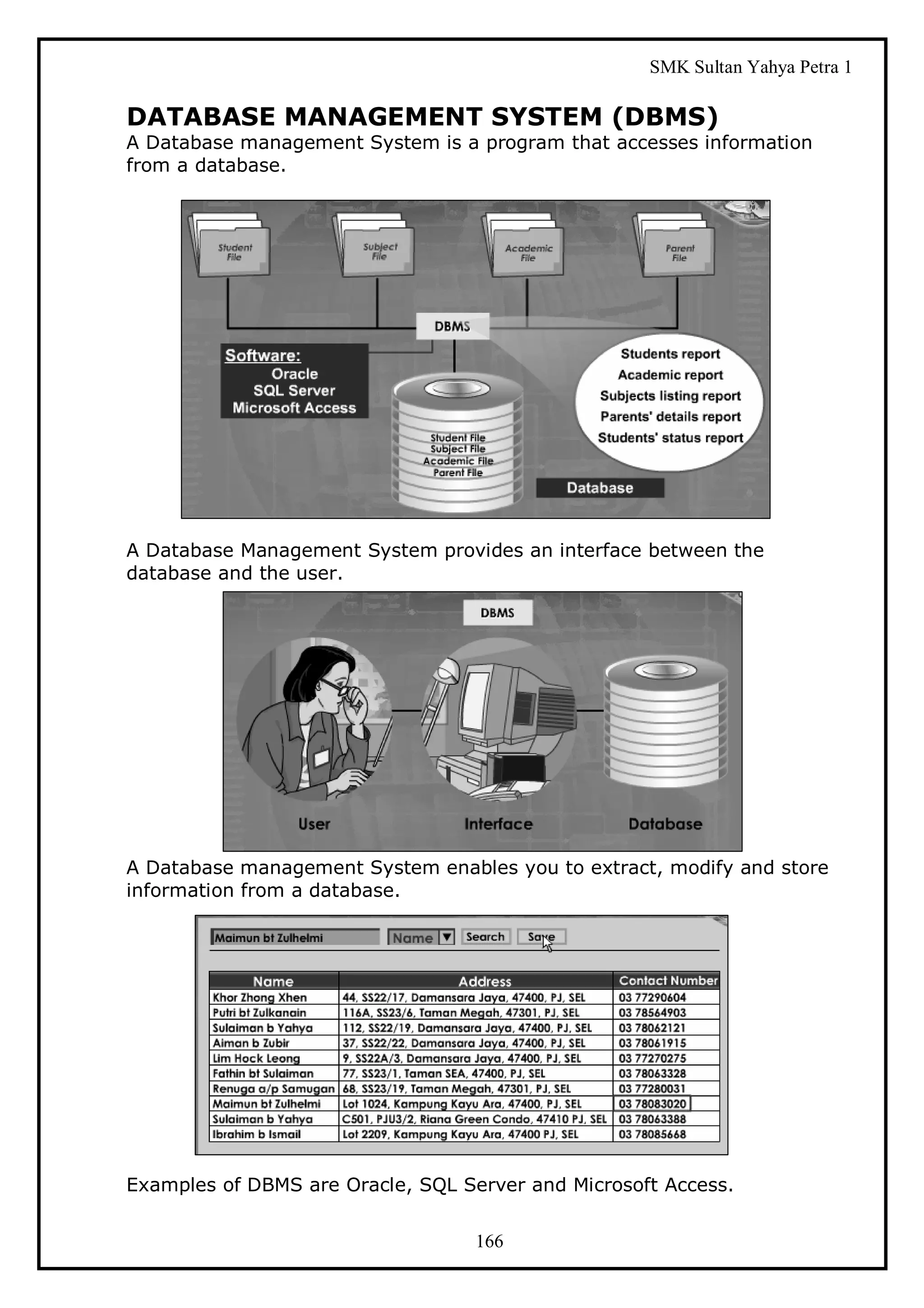 SMK Sultan Yahya Petra 1

DATABASE MANAGEMENT SYSTEM (DBMS)
A Database management System is a program that accesses information
from a database.




A Database Management System provides an interface between the
database and the user.




A Database management System enables you to extract, modify and store
information from a database.




Examples of DBMS are Oracle, SQL Server and Microsoft Access.


                                   166
 