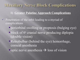 1) Greater Palatine Approach Complications
 Penetration of the orbit leading to a myriad of
complications
periorbital swelling or proptosis (bulging eye)
block of 6th
cranial nerve producing diplopia
(double vision)
Retrobulbar (behind the eye) hemorrhage,
corneal anesthesia
optic nerve anesthesia  loss of vision
 
