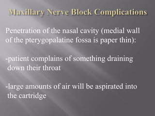 Penetration of the nasal cavity (medial wall
of the pterygopalatine fossa is paper thin):
-patient complains of something draining
down their throat
-large amounts of air will be aspirated into
the cartridge
 