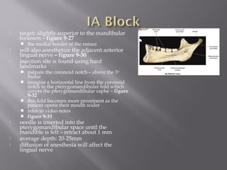  target: slightly superior to the mandibular
foramen – figure 9-27
 the medial border of the ramus
 will also anesthetize the adjacent anterior
lingual nerve – figure 9-30
 injection site is found using hard
landmarks
 palpate the coronoid notch – above the 3rd
molar
 imagine a horizontal line from the coronoid
notch to the pterygomandibular fold which
covers the pterygomandibular raphe – figure
9-32
 this fold becomes more prominent as the
patient opens their mouth wider
 refer to video notes
 figure 9-33
 needle is inserted into the
pterygomandibular space until the
mandible is felt – retract about 1 mm
 average depth: 20-25mm
 diffusion of anesthesia will affect the
lingual nerve
 