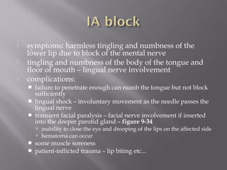  symptoms: harmless tingling and numbness of the
lower lip due to block of the mental nerve
 tingling and numbness of the body of the tongue and
floor of mouth – lingual nerve involvement
 complications:
 failure to penetrate enough can numb the tongue but not block
sufficiently
 lingual shock – involuntary movement as the needle passes the
lingual nerve
 transient facial paralysis – facial nerve involvement if inserted
into the deeper parotid gland – figure 9-34
 inability to close the eye and drooping of the lips on the affected side
 hematoma can occur
 some muscle soreness
 patient-inflicted trauma – lip biting etc...
 