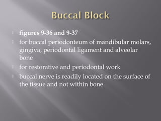  figures 9-36 and 9-37
 for buccal periodonteum of mandibular molars,
gingiva, periodontal ligament and alveolar
bone
 for restorative and periodontal work
 buccal nerve is readily located on the surface of
the tissue and not within bone
 