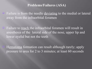 Problems/Failures (ASA)
 Failure is from the needle deviating to the medial or lateral
away from the infraorbital foramen
 Failure to reach the infraorbital foramen will result in
anesthesia of the lateral side of the nose, upper lip and
lower eyelid but not the teeth
 Hematoma formation can result although rarely; apply
pressure to area for 2 to 3 minutes; at least 60 seconds
 
