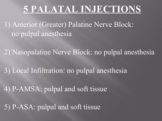 5 PALATAL INJECTIONS
1) Anterior (Greater) Palatine Nerve Block:
no pulpal anesthesia
2) Nasopalatine Nerve Block: no pulpal anesthesia
3) Local Infiltration: no pulpal anesthesia
4) P-AMSA: pulpal and soft tissue
5) P-ASA: pulpal and soft tissue
 