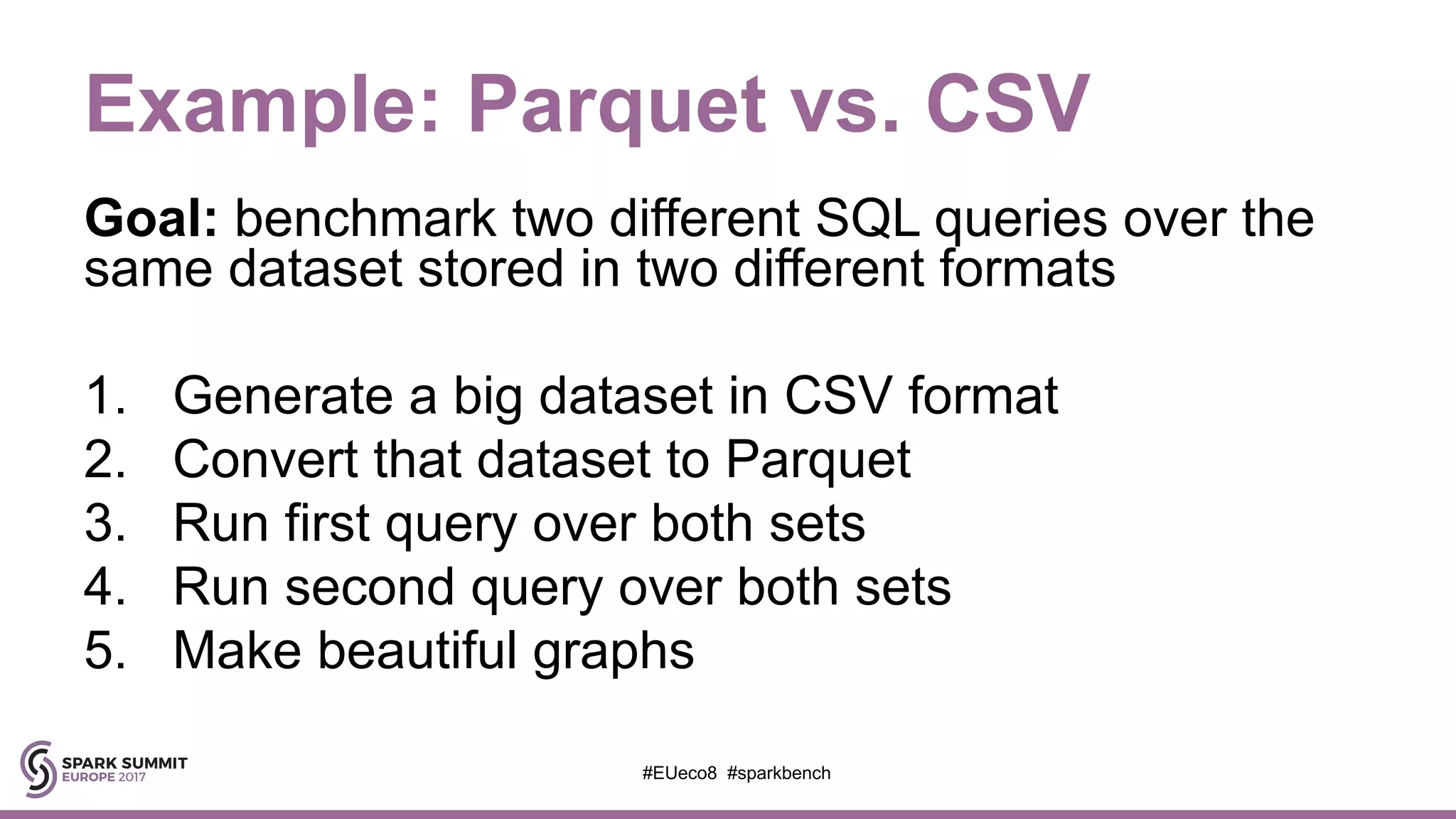 Example: Parquet vs. CSV
Goal: benchmark two different SQL queries over the
same dataset stored in two different formats
1. Generate a big dataset in CSV format
2. Convert that dataset to Parquet
3. Run first query over both sets
4. Run second query over both sets
5. Make beautiful graphs
#EUeco8 #sparkbench
 