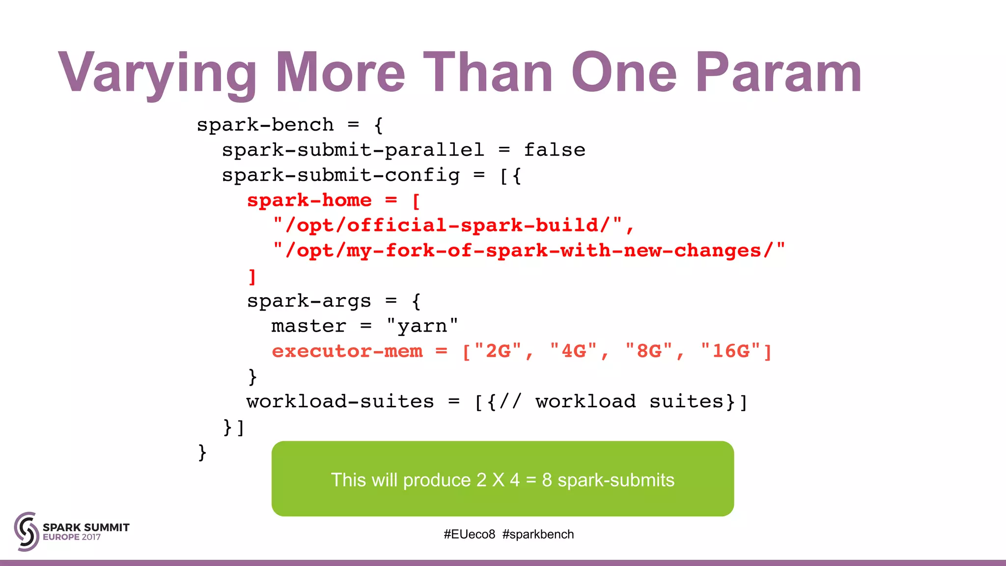 Varying More Than One Param
spark-bench = {
spark-submit-parallel = false
spark-submit-config = [{
spark-home = [
"/opt/official-spark-build/",
"/opt/my-fork-of-spark-with-new-changes/"
]
spark-args = {
master = "yarn"
executor-mem = ["2G", "4G", "8G", "16G"]
}
workload-suites = [{// workload suites}]
}]
}
#EUeco8 #sparkbench
This will produce 2 X 4 = 8 spark-submits
 