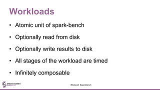 Workloads
• Atomic unit of spark-bench
• Optionally read from disk
• Optionally write results to disk
• All stages of the workload are timed
• Infinitely composable
#EUeco8 #sparkbench
 