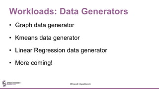 Workloads: Data Generators
• Graph data generator
• Kmeans data generator
• Linear Regression data generator
• More coming!
#EUeco8 #sparkbench
 