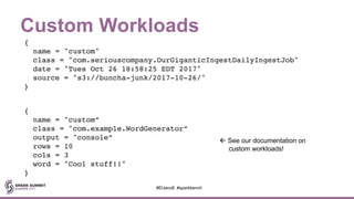 Custom Workloads
#EUeco8 #sparkbench
{
name = "custom"
class = "com.seriouscompany.OurGiganticIngestDailyIngestJob"
date = "Tues Oct 26 18:58:25 EDT 2017"
source = "s3://buncha-junk/2017-10-26/"
}
{
name = "custom”
class = "com.example.WordGenerator”
output = "console”
rows = 10
cols = 3
word = "Cool stuff!!"
}
ß See our documentation on
custom workloads!
 