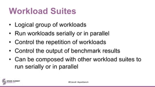 Workload Suites
• Logical group of workloads
• Run workloads serially or in parallel
• Control the repetition of workloads
• Control the output of benchmark results
• Can be composed with other workload suites to
run serially or in parallel
#EUeco8 #sparkbench
 