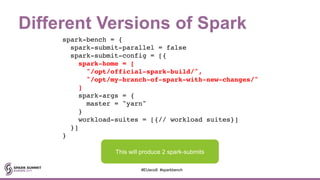 Different Versions of Spark
spark-bench = {
spark-submit-parallel = false
spark-submit-config = [{
spark-home = [
"/opt/official-spark-build/",
"/opt/my-branch-of-spark-with-new-changes/"
]
spark-args = {
master = "yarn"
}
workload-suites = [{// workload suites}]
}]
}
#EUeco8 #sparkbench
This will produce 2 spark-submits
 