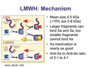 LMWH: Mechanism
• Mean size 4.5 kDa
(~70% are 2-8 kDa)
• Larger fragments can
bind Xa and IIa, but
smaller fragments
cannot bind IIa
• Xa inactivation is
nearly as good
• Anti-Xa to Anti-IIa ratio
of 2:1 to 4:1
Weitz, NEJM, 1997
 