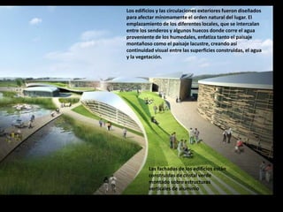 Los edificios y las circulaciones exteriores fueron diseñados para afectar mínimamente el orden natural del lugar. El emplazamiento de los diferentes locales, que se intercalan entre los senderos y algunos huecos donde corre el agua proveniente de los humedales, enfatiza tanto el paisaje montañoso como el paisaje lacustre, creando así continuidad visual entre las superficies construidas, el agua y la vegetación. Las fachadas de los edificios están construidas de cristal verde montado sobre estructuras verticales de aluminio