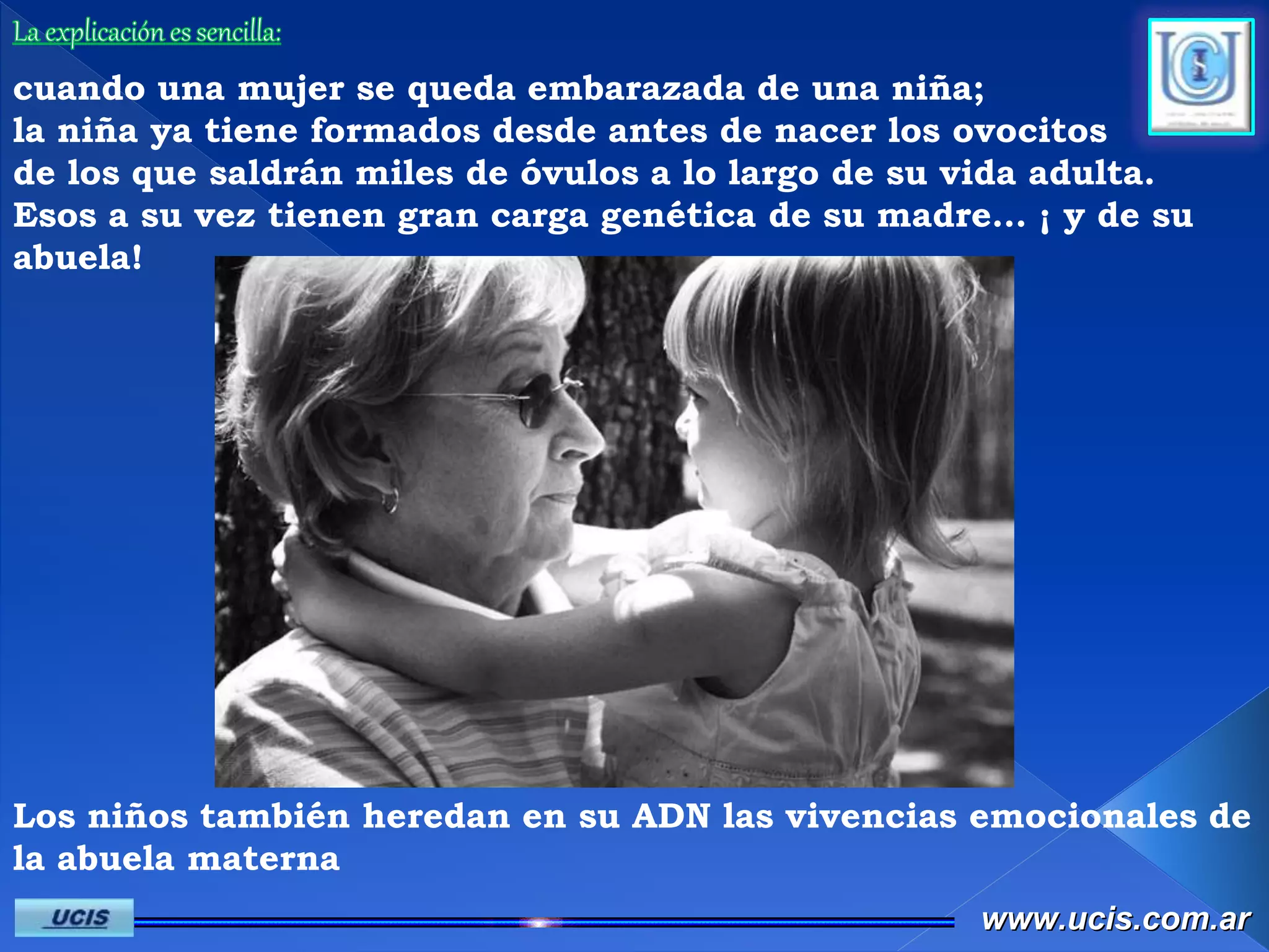 cuando una mujer se queda embarazada de una niña;
la niña ya tiene formados desde antes de nacer los ovocitos
de los que saldrán miles de óvulos a lo largo de su vida adulta.
Esos a su vez tienen gran carga genética de su madre… ¡ y de su
abuela!
Los niños también heredan en su ADN las vivencias emocionales de
la abuela materna
www.ucis.com.arwww.ucis.com.ar