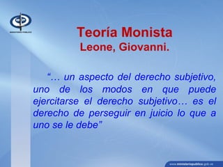 Teoría Monista
Leone, Giovanni.
“… un aspecto del derecho subjetivo,
uno de los modos en que puede
ejercitarse el derecho subjetivo… es el
derecho de perseguir en juicio lo que a
uno se le debe”
 