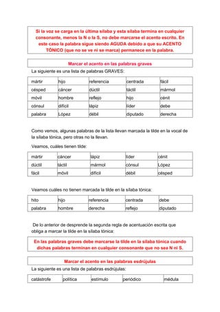 Si la voz se carga en la última sílaba y esta sílaba termina en cualquier
  consonante, menos la N o la S, no debe marcarse el acento escrito. En
   este caso la palabra sigue siendo AGUDA debido a que su ACENTO
        TÓNICO (que no se ve ni se marca) permanece en la palabra.


                      Marcar el acento en las palabras graves
La siguiente es una lista de palabras GRAVES:

mártir       hijo              referencia           centrada     fácil
césped       cáncer            dúctil               táctil       mármol
móvil        hombre            reflejo              hijo         cénit
cónsul       difícil           lápiz                líder        debe
palabra      López             débil                diputado     derecha


Como vemos, algunas palabras de la lista llevan marcada la tilde en la vocal de
la sílaba tónica, pero otras no la llevan.

Veamos, cuáles tienen tilde:

mártir       cáncer             lápiz           líder           cénit
dúctil       táctil             mármol          cónsul          López
fácil        móvil              difícil         débil           césped


Veamos cuáles no tienen marcada la tilde en la sílaba tónica:

hito         hijo              referencia       centrada        debe
palabra      hombre            derecha          reflejo         diputado


 De lo anterior de desprende la segunda regla de acentuación escrita que
obliga a marcar la tilde en la sílaba tónica:

 En las palabras graves debe marcarse la tilde en la sílaba tónica cuando
  dichas palabras terminan en cualquier consonante que no sea N ni S.


                 Marcar el acento en las palabras esdrújulas
La siguiente es una lista de palabras esdrújulas:

catástrofe      política        estímulo       periódico           médula
 
