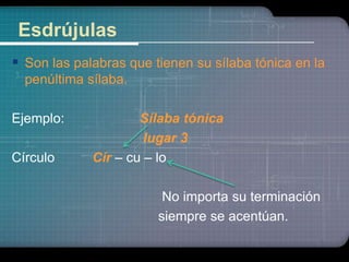 Esdrújulas 
 Son las palabras que tienen su sílaba tónica en la 
penúltima sílaba. 
Ejemplo: Sílaba tónica 
lugar 3 
Círculo Cír – cu – lo 
No importa su terminación 
siempre se acentúan. 
 