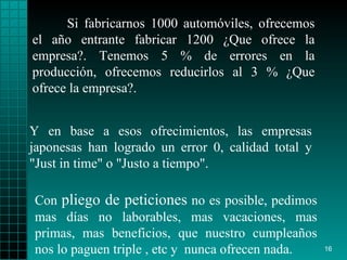 Si fabricarnos 1000  automóviles , ofrecemos el a ñ o   entrante fabricar 1200  ¿ Que ofrece la empresa?.   Tenemos 5 % de errores en la producción, ofrecemos   reducirlos al 3 %  ¿ Que   ofrece la empresa?. Con  pliego de peticiones  no es   posible ,  pedimos   mas días no laborables,   mas   vacaciones, mas primas, mas beneficios, que  nuestro  cumpleaños  nos  lo   paguen   triple  , etc y  nunca ofrecen nada. Y en base   a esos   ofrecimientos, las empresas japonesas   han logrado un error 0, calidad total y "Just in   time" o "Justo a tiempo".   