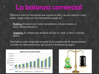 La balanza comercial
Diferencia entre las mercancías que exporta un país y las que importa a otros
países. Según como sean los intercambios puede ser:
- Positiva: El propio país vende mas producto del que compra, es
decir, obtiene beneficios.
- Negativa: Se compra mas producto del que se vende, es decir, se pierde
dinero.
Esta balanza solo comprende una parte de la compraventa de mercancía para
ver todos los intercambios hay que recurrir a la balanza de pagos.
C
 
