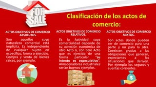 Clasificación de los actos de
comercio:
ACTOS OBJETIVOS DE COMERCIO
ABSOLUTOS
Son aquellos cuyo
naturaleza comercial está
implícita. Es independiente
de cualquier sujeto en
específico, forma o ejercicio.
Compra y venta de bienes
raíces, por ejemplo.
ACTOS OBJETIVOS DE COMERCIO
RELATIVOS.
Es la Actividad cuya
comercialidad depende de
su conexión económica de
otro Acto o, con otro Acto
que es ejercido de una
forma particular “su
intento es especulativo”.
Almacenadoras industriales
serían buenos ejemplos.
ACTOS OBJETIVOS DE COMERCIO
MIXTOS.
Son actos donde pueden
ser de comercio para una
parte y no para la otra.
Coexisten gracias a las
obligaciones que generan,
expectantes a las
situaciones que deriven.
Por ejemplo los seguros y
cuentas corrientes.
 