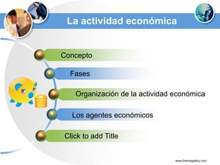 La actividad económica


       Concepto

         Fases

LOGO      Organización de la actividad económica

         Los agentes económicos

       Click to add Title


                                       www.themegallery.com
 