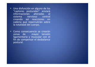 • Una disfunción en alguno de los
  “captores posturales” enviará
  informaciones alteradas al
  sistema      nervioso    central
  creando así reacciones en
  cadena que repercutirán sobre
  la totalidad del cuerpo.

• Como consecuencia se crearán
  zonas de       mayor tensión
  ligamentaria y muscular con el
  fin de compensar el desbalance
  postural.
 