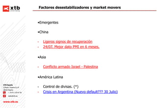 Factores desestabilizadores y market movers
•Emergentes
•China
• Ligeros signos de recuperación
• 24/07. Mejor dato PMI en...