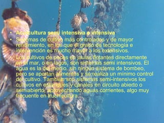 Acuicultura semi intensiva e intensiva Sistemas de cultivo más controlados y de mayor rendimiento, en los que el grado de tecnología e intervención es mucho mayor a los extensivos.   Los cultivos de peces en jaulas flotantes directamente en el mar, o en lagos, son sistemas semi intensivos. El agua es la del medio, sin ningún sistema de bombeo, pero se aportan alimentos y se realiza un mínimo control del cultivo. También son sistemas semi-intensivos los cultivos en estanques y canales en circuito abierto o semiabierto, aprovechando aguas corrientes, algo muy frecuente en truchicultura. 