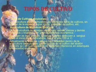 TIPOS DE CULTIVO Tipos de Cultivos Acuícolas La acuicultura es un compendio de diferentes tipos de cultivos, en función de la especie, agua, clima, sistemas de cultivo, etc. Acuicultura de Moluscos Bivalvos Es la acuicultura de almejas, mejillones, ostras, vieiras y demás moluscos y bivalvos, con gran importancia económica. Su origen es muy antiguo. Diversas fuentes atribuyen a  sergius orata el inicio de la ostricultura, hacia el año 100 a. C. Actualmente uno de los cultivos más rentables dentro de la acuicultura de moluscos gasterópodos es el cultivo del abalón ( Haliotis sp. ) el cual se cultiva en sistemas intensivos en estanques emplazados en tierra. 