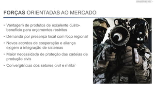 Company unclassified | Export controlled
Lennart Sindahl and Ulf Nilsson | © Saab
FORÇAS ORIENTADAS AO MERCADO
• Vantagem de produtos de excelente custo-
benefício para orçamentos restritos
• Demanda por presença local com foco regional
• Novos acordos de cooperação e aliança
exigem a integração de sistemas
• Maior necessidade de proteção das cadeias de
produção civis
• Convergências dos setores civil e militar
4
 