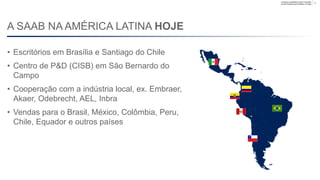 Company unclassified | Export controlled
Lennart Sindahl and Ulf Nilsson | © Saab
A SAAB NA AMÉRICA LATINA HOJE
• Escritórios em Brasília e Santiago do Chile
• Centro de P&D (CISB) em São Bernardo do
Campo
• Cooperação com a indústria local, ex. Embraer,
Akaer, Odebrecht, AEL, Inbra
• Vendas para o Brasil, México, Colômbia, Peru,
Chile, Equador e outros países
6
 