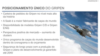 Company unclassified | Export controlled
Lennart Sindahl and Ulf Nilsson | © Saab
POSICIONAMENTO ÚNICO PARA O GRIPEN
• Carteira de pedidos do Gripen no nível mais alto da
história
• A Saab é uma das maiores fabricantes de caças do
mundo
• Disponibilidade de modelos Gripen C/D e Gripen
E/NG
• Perspectiva positiva de mercado – aumento de
clusters
• Único programa de caças do mundo desenvolvido
dentro do cronograma e do orçamento
• Segurança de longo prazo com a produção do
Gripen e plano de desenvolvimento já garantido até
2040
8
 