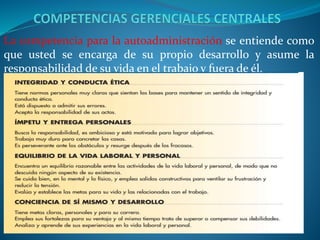 La competencia para la autoadministración se entiende como
que usted se encarga de su propio desarrollo y asume la
responsabilidad de su vida en el trabajo y fuera de él.
 