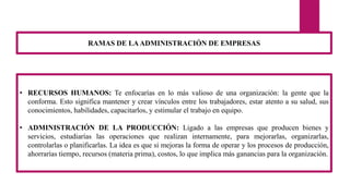 RAMAS DE LAADMINISTRACIÓN DE EMPRESAS
• RECURSOS HUMANOS: Te enfocarías en lo más valioso de una organización: la gente que la
conforma. Esto significa mantener y crear vínculos entre los trabajadores, estar atento a su salud, sus
conocimientos, habilidades, capacitarlos, y estimular el trabajo en equipo.
• ADMINISTRACIÓN DE LA PRODUCCIÓN: Ligado a las empresas que producen bienes y
servicios, estudiarías las operaciones que realizan internamente, para mejorarlas, organizarlas,
controlarlas o planificarlas. La idea es que si mejoras la forma de operar y los procesos de producción,
ahorrarías tiempo, recursos (materia prima), costos, lo que implica más ganancias para la organización.
 