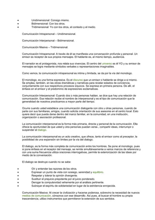 · Unidimensional: Consigo mismo. 
· Bidimensional: Con los otros. 
· Tridimensional: Yo con los otros, el contexto y el medio. 
Comunicación Intrapersonal – Unidimensional. 
Comunicación Interpersonal – Bidimensional. 
Comunicación Masiva – Tridimensional. 
Comunicación Intrapersonal: A través de él se manifiesta una conversación profunda y personal. Un 
emisor es receptor de sus propios mensajes. El hablante es, al mismo tiempo, audiencia. 
El narrador es el protagonista, nos relata sus vivencias. El centro del universo es él YO y su emisor de 
mensajes se logra mediante símbolos verbales o representaciones imaginables. 
Como vemos, la comunicación intrapersonal es intima y limitada, se da por la vía del monologo. 
El monologo, es una forma expresiva. Es el discurso que un emisor o hablante se dirige a si mismo. 
Se emplea, también, en las obras dramáticas y narrativas para revelar estados de conciencia, 
conjuntamente con sus respectivos procesos síquicos. Se expresa en primera persona. De allí, el 
énfasis en el emisor y el predominio de expresiones exclamativas. 
Comunicación Interpersonal: Cuando dos o más personas hablan, se dice que hay una relación de 
comunicación. Esa relación recibe el nombre de interpersonal y es el tipo de comunicación que la 
generalidad de nosotros practicamos a mayor parte del tiempo. 
Ocurre cuando usted establece una comunicación dialogante con otra u otras personas, cuando de 
parte con sus familiares, amigos, cuando solicita orientación de sus asesores en el centro local. Esto 
quiere decir que pueda darse dentro del marco familiar, en la comunidad, en una institución, 
organización o asociación profesional. 
La comunicación interpersonal es la forma más primaria, directa y personal de la comunicación. Ella 
ofrece la oportunidad de que usted y otra personas puedan verse., compartir ideas, interrumpir o 
suspender el dialogo. 
La comunicación interpersonal es un acto creativo, que ofrece, tanto el emisor como al preceptor, la 
posibilidad de una expansión sin limites por la vía del dialogo. 
El dialogo, es la forma más completa de comunicación entre los hombres. Se pone al monologo, pues 
si pone énfasis en el receptor del mensaje, se remite simultáneamente a varios marcos de referencia y 
con una suma frecuencia utiliza oraciones interrogativas, permite la exteriorización de las ideas por 
medio de la conversación. 
El dialogo se destruye cuando no se sabe: 
· Oír y entender las razones de los otros. 
· Expresar un punto de vista con sosiego, serenidad y equilibrio. 
· Respetar y tolerar la opinión divergente. 
· Sustituir el prejuicio prepotente por el juicio ponderado. 
· Derogar la compulsividad vehemente por el análisis pertinente. 
· Subrayar el espíritu de solidariedad en lugar de la estridencia enrojecida. 
Comunicación Masiva: Al crecer la civilización y hacerse poderosa, sobrevino la necesidad de nuevos 
medios de comunicación, cónsonos con ese desarrollo. Así pues, al buscar el hombre su propia 
trascendencia, utilizo instrumentos que permitieron la extensión de sus sentidos. 
 