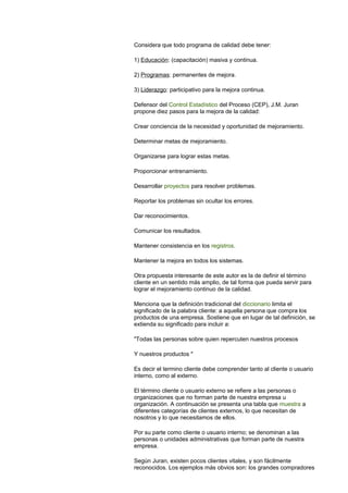 Considera que todo programa de calidad debe tener: 
1) Educación: (capacitación) masiva y continua. 
2) Programas: permanentes de mejora. 
3) Liderazgo: participativo para la mejora continua. 
Defensor del Control Estadístico del Proceso (CEP), J.M. Juran 
propone diez pasos para la mejora de la calidad: 
Crear conciencia de la necesidad y oportunidad de mejoramiento. 
Determinar metas de mejoramiento. 
Organizarse para lograr estas metas. 
Proporcionar entrenamiento. 
Desarrollar proyectos para resolver problemas. 
Reportar los problemas sin ocultar los errores. 
Dar reconocimientos. 
Comunicar los resultados. 
Mantener consistencia en los registros. 
Mantener la mejora en todos los sistemas. 
Otra propuesta interesante de este autor es la de definir el término 
cliente en un sentido más amplio, de tal forma que pueda servir para 
lograr el mejoramiento continuo de la calidad. 
Menciona que la definición tradicional del diccionario limita el 
significado de la palabra cliente: a aquella persona que compra los 
productos de una empresa. Sostiene que en lugar de tal definición, se 
extienda su significado para incluir a: 
"Todas las personas sobre quien repercuten nuestros procesos 
Y nuestros productos " 
Es decir el termino cliente debe comprender tanto al cliente o usuario 
interno, como al externo. 
El término cliente o usuario externo se refiere a las personas o 
organizaciones que no forman parte de nuestra empresa u 
organización. A continuación se presenta una tabla que muestra a 
diferentes categorías de clientes externos, lo que necesitan de 
nosotros y lo que necesitamos de ellos. 
Por su parte como cliente o usuario interno; se denominan a las 
personas o unidades administrativas que forman parte de nuestra 
empresa. 
Según Juran, existen pocos clientes vitales, y son fácilmente 
reconocidos. Los ejemplos más obvios son: los grandes compradores 
 