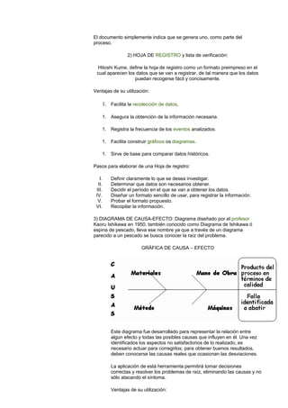 El documento simplemente indica que se genera uno, como parte del
proceso.
2) HOJA DE REGISTRO y lista de verificación:
Hitoshi Kume, define la hoja de registro como un formato preimpreso en el
cual aparecen los datos que se van a registrar, de tal manera que los datos
puedan recogerse fácil y concisamente.
Ventajas de su utilización:
1. Facilita la recolección de datos,
1. Asegura la obtención de la información necesaria.
1. Registra la frecuencia de los eventos analizados.
1. Facilita construir gráficos os diagramas.
1. Sirve de base para comparar datos históricos.
Pasos para elaborar de una Hoja de registro:
I. Definir claramente lo que se desea investigar.
II. Determinar que datos son necesarios obtener.
III. Decidir el período en el que se van a obtener los datos.
IV. Diseñar un formato sencillo de usar, para registrar la información.
V. Probar el formato propuesto.
VI. Recopilar la información.
3) DIAGRAMA DE CAUSA-EFECTO: Diagrama diseñado por el profesor
Kaoru Ishikawa en 1950, también conocido como Diagrama de Ishikawa ó
espina de pescado, lleva ese nombre ya que a través de un diagrama
parecido a un pescado se busca conocer la raíz del problema.
GRÁFICA DE CAUSA – EFECTO
Este diagrama fue desarrollado para representar la relación entre
algún efecto y todas las posibles causas que influyen en él. Una vez
identificados los aspectos no satisfactorios de lo realizado, es
necesario actuar para corregirlos; para obtener buenos resultados,
deben conocerse las causas reales que ocasionan las desviaciones.
La aplicación de está herramienta permitirá tomar decisiones
correctas y resolver los problemas de raíz, eliminando las causas y no
sólo atacando el síntoma.
Ventajas de su utilización:
 