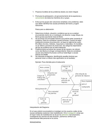 1. Propicia el análisis de los problemas desde una visión integral.
1. Promueve la participación y el aprovechamiento de la experiencia y
conocimiento de todos los miembros de un grupo.
1. Evita que los grupos den soluciones simplistas a los problemas, dado
que deben identificar las causas prioritarias del mismo y sugerir
soluciones.
Pasos para su elaboración:
I. Determinar el efecto, situación o problema que se va a analizar;
enunciándolo dentro de un rectángulo a la derecha. Luego dibuja una
flecha gruesa apuntando hacia el efecto.
II. Se enumeran los principales factores que podrían estar causando el
problema. Estos se consideran causas primarias. Cuando se están
analizando procesos de producción, se sigue la regla de las cuatro
M’s (Mano de obra, métodos, maquinaria y materiales). Si el análisis
no se refiere a procesos de producción, las categorías dependerán
del tipo de problema que se esté analizando.
III. Posteriormente se buscan las causas de las causas y se colocan
como otra flecha en el lugar correspondiente. Estas se consideran
causas secundarias El proceso continua hasta llegar a causas
básicas de detalle.
IV. Se interpreta el diagrama, identificando aquellos factores que
parezcan tener un efecto más significativo en el resultado.
Ejemplo: Poca clientela para el restaurante
Interpretación del Diagrama:
En el caso anterior se procedería a investigar con los usuarios cuáles de las
causas señaladas ocasionan más insatisfacción. Si la investigación arroja que
el mayor índice de insatisfacción se da por los alimentos mal preparados,
investigando las razones de esta situación, podríamos verificar que
efectivamente falta personal en la cocina.
REINGENIERIA
 