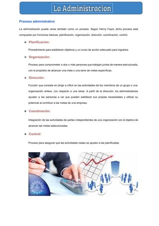  
Proceso administrativo 
La administración puede verse también como un proceso. Según Henry Fayol, dicho proceso está                           
compuesto por funciones básicas: planificación, organización, dirección, coordinación, control. 
❖ Planificación:  
Procedimiento para establecer objetivos y un curso de acción adecuado para lograrlos. 
❖ Organización:  
Proceso para comprometer a dos o más personas que trabajan juntas de manera estructurada,                           
con el propósito de alcanzar una meta o una serie de metas específicas. 
❖ Dirección: 
Función que consiste en dirigir e influir en las actividades de los miembros de un grupo o una                                   
organización entera, con respecto a una tarea. A partir de la dirección, los administradores                           
ayudan a las personas a ver que pueden satisfacer sus propias necesidades y utilizar su                             
potencial al contribuir a las metas de una empresa. 
❖ Coordinación:  
Integración de las actividades de partes independientes de una organización con el objetivo de                           
alcanzar las metas seleccionadas. 
❖ Control:  
Proceso para asegurar que las actividades reales se ajusten a las planificadas. 
 
 
 
 
 
 
 
 
 
 