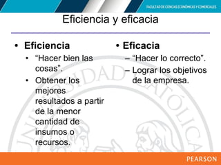 Copyright © 2012 Pearson Education,
Inc. Publishing as Prentice Hall
Eficiencia y eficacia
• Eficiencia
• “Hacer bien las
cosas”.
• Obtener los
mejores
resultados a partir
de la menor
cantidad de
insumos o
recursos.
• Eficacia
– “Hacer lo correcto”.
– Lograr los objetivos
de la empresa.
 