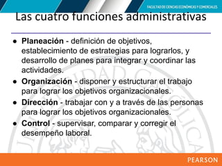 Copyright © 2012 Pearson Education,
Inc. Publishing as Prentice Hall
Las cuatro funciones administrativas
● Planeación - definición de objetivos,
establecimiento de estrategias para lograrlos, y
desarrollo de planes para integrar y coordinar las
actividades.
● Organización - disponer y estructurar el trabajo
para lograr los objetivos organizacionales.
● Dirección - trabajar con y a través de las personas
para lograr los objetivos organizacionales.
● Control - supervisar, comparar y corregir el
desempeño laboral.
 