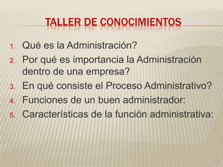 TALLER DE CONOCIMIENTOS

1.   Qué es la Administración?
2.   Por qué es importancia la Administración
     dentro de una empresa?
3.   En qué consiste el Proceso Administrativo?
4.   Funciones de un buen administrador:
5.   Características de la función administrativa:
 