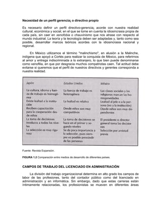 Necesidad de un perfil gerencia¡ o directivo propio
Es necesario definir un perfil directivo-gerencia¡ acorde con nuestra realidad
cultural, económica y social, en el que se tome en cuenta la idiosincrasia propia de
cada país, sin caer en xenofobia o chauvinismo que nos atrase con respecto al
mundo industrial. La teoría y la tecnología deben ser adaptadas y, tanto como sea
posible, desarrollar marcos teóricos acordes con la idiosincrasia nacional y
regional.
En México utilizamos el término "malinchismo", en alusión a la Malinche,
indígena que apoyó a Cortés para realizar la conquista de México, para referirnos
al amor y entrega indiscriminada a lo extranjero, lo que bien puede denominarse
como xenofilia, en que por desgracia muchos compatriotas caen. Tal actitud debe
evitarse si queremos que el perfil de nuestros directivos y gerentes corresponda a
nuestra realidad.
Fuente: Revista Expansión.
FIGURA 1.2 Comparación entre medios de desarrollo de diferentes países.
CAMPOS DE TRABAJO DEL LICENCIADO EN ADMINISTRACIÓN
La división del trabajo organizacional determina en alto grado los campos de
labor de las profesiones, tanto del contador público como del licenciado en
administración y en informática. Sin embargo, dado que estas carreras están
íntimamente relacionadas, los profesionistas se mueven en diferentes áreas
 