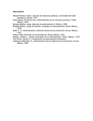BIBLIOGRAFÍA
Albrandt Piñera, Arturo, Apuntes de relaciones públicas, universidad del Valle
de México, México, 1971.
Arias Galicia, Fernando (dir.), Administración de los recursos humanos, Trillas,
México, 1978.
Barajas Medina, Jorge, Apuntes de administración II, México, 1980.
Barajas Medina, Jorge, El hombre, el trabajo y la administración, Diana, México,
1979.
Buffa, F. S., Administración y dirección técnica de la producción, limusa, México,
1971.
Kotler, Philip, Dirección de mercadotecnia, Diana, México, 1972.
Massie, Joseph L., Bases esenciales de la administración, Diana, México, 1973.
Van Horne, James C., Fundamentos de administración financiera.
Velázquez Mastretta, G., Administración de los sistemas de la producción, limusa,
México, 1980.
 