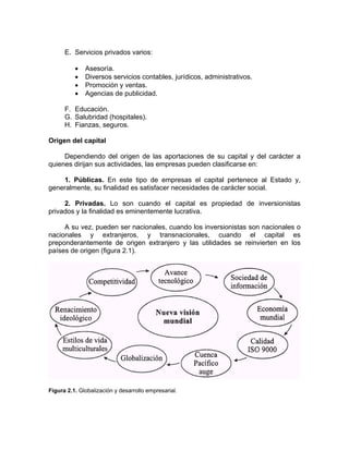 E. Servicios privados varios:
• Asesoría.
• Diversos servicios contables, jurídicos, administrativos.
• Promoción y ventas.
• Agencias de publicidad.
F. Educación.
G. Salubridad (hospitales).
H. Fianzas, seguros.
Origen del capital
Dependiendo del origen de las aportaciones de su capital y del carácter a
quienes dirijan sus actividades, las empresas pueden clasificarse en:
1. Públicas. En este tipo de empresas el capital pertenece al Estado y,
generalmente, su finalidad es satisfacer necesidades de carácter social.
2. Privadas. Lo son cuando el capital es propiedad de inversionistas
privados y la finalidad es eminentemente lucrativa.
A su vez, pueden ser nacionales, cuando los inversionistas son nacionales o
nacionales y extranjeros, y transnacionales, cuando el capital es
preponderantemente de origen extranjero y las utilidades se reinvierten en los
países de origen (figura 2.1).
Figura 2.1. Globalización y desarrollo empresarial.
 