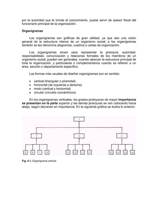 por la autoridad que le brinda el conocimiento, puede servir de asesor fiscal del
funcionario principal de la organización.
Organigramas
Los organigramas son gráficas de gran utilidad, ya que dan una visión
general de la estructura interna de un organismo social; a los organigramas
también se les denomina diagramas, cuadros o cartas de organización.
Los organigramas sirven para representar la jerarquía, autoridad,
responsabilidad, comunicación y relaciones formales de los miembros de un
organismo social; pueden ser generales, cuando abarcan la estructura principal de
toda la organización, y particulares o complementarios cuando se refieren a un
área, sección o departamento específico.
Las formas más usuales de diseñar organigramas son en sentido:
• vertical (triangular o piramidal)
• horizontal (de izquierda a derecha)
• mixto (vertical y horizontal)
• circular (círculos concéntricos)
En los organigramas verticales, los grados jerárquicos de mayor importancia
se presentan en la parte superior y las demás jerarquías se van colocando hacia
abajo, según decrecen en importancia. En la siguiente gráfica se ilustra lo anterior:
Fig. 4.1. Organigrama vertical
 